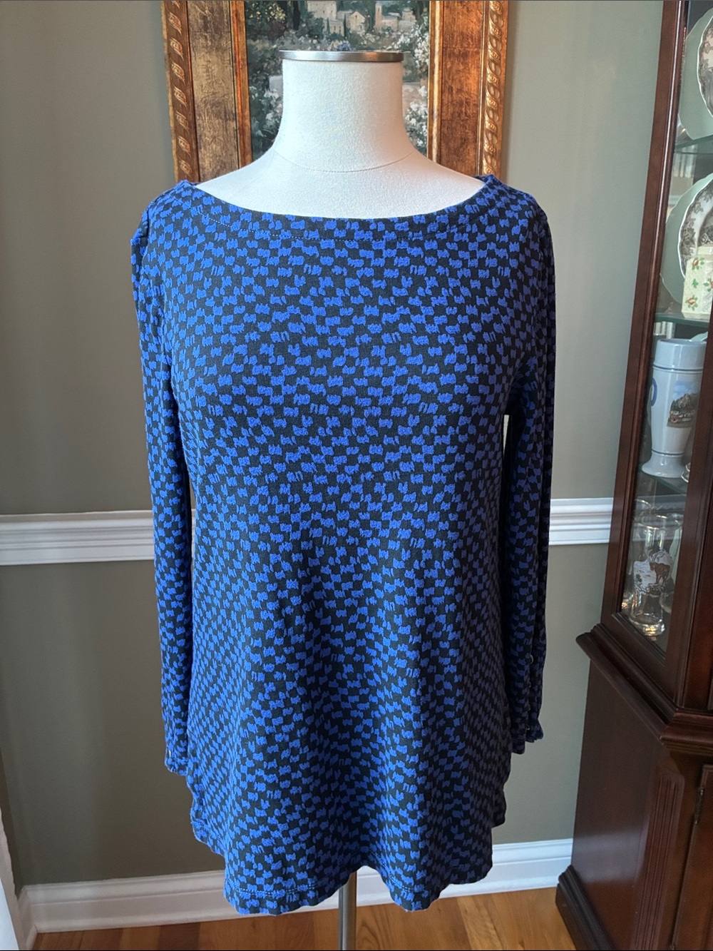 Chico's Seafarring Blue Checkerboard Long-Sleeve Boatneck Tunic Top Size Medium